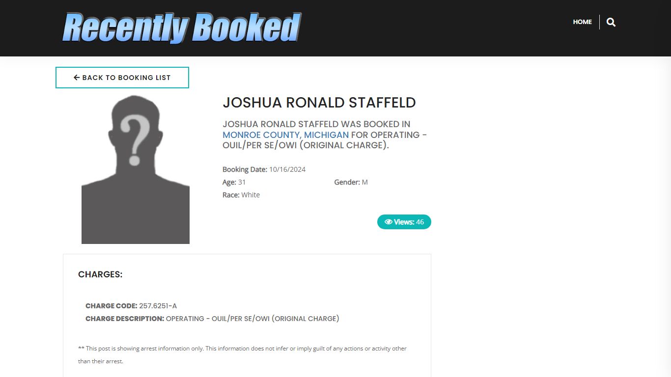 Recent Booking / Mugshot for JOSHUA RONALD STAFFELD in Monroe County ...